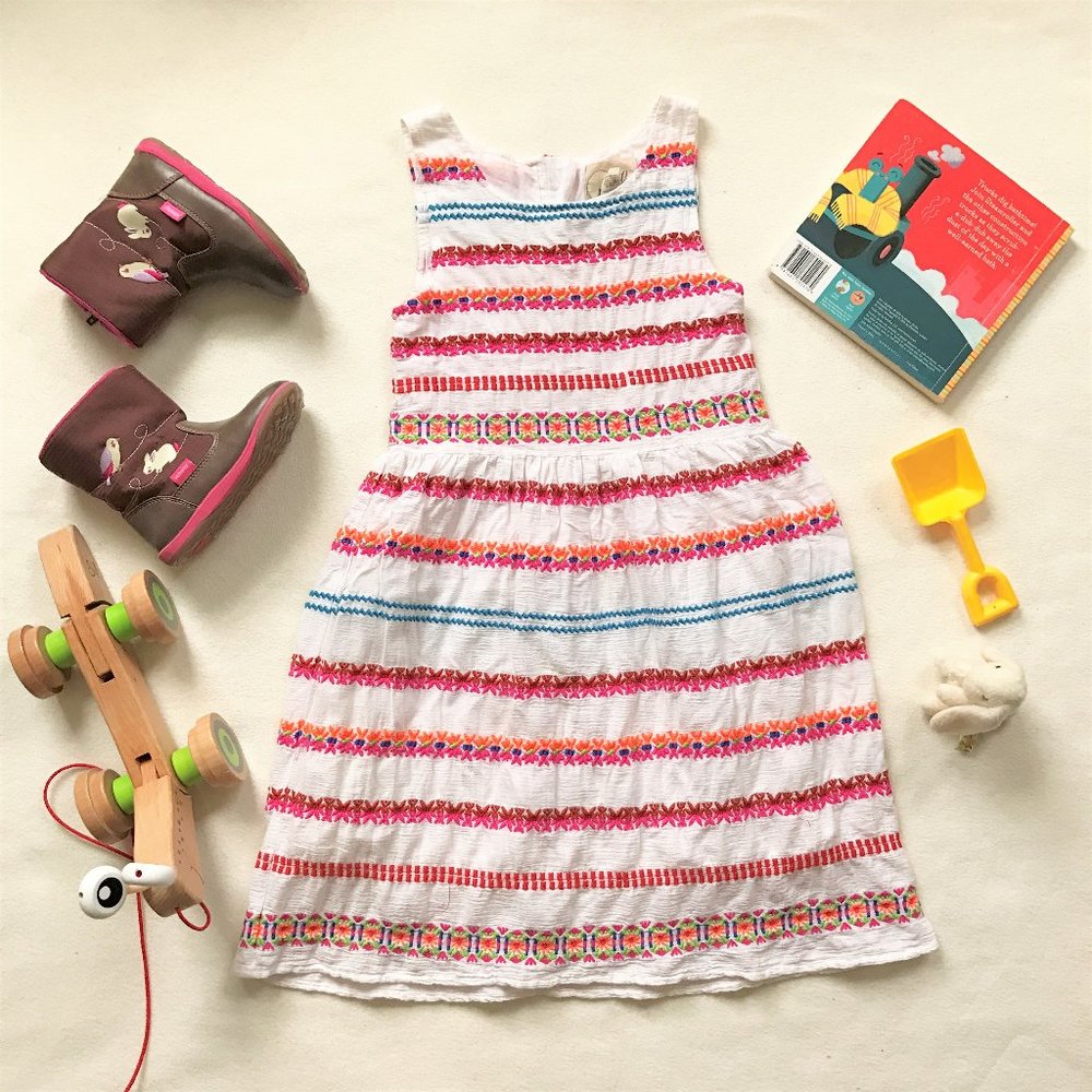 PEEK Kids Size M 6-7 Ribbon Embroidered Cotton Dress White Multi Stripes Girls